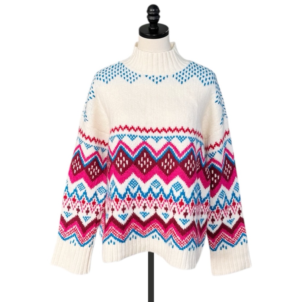 LOFT Whisper White Fair Isle Wide Sleeve Mock Neck Sweater - Picture 2 of 9